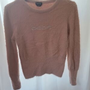 Pink mohair BEBE cropped tapered sweater large w/rhinestone logo y2k